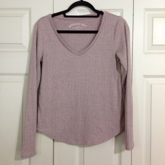 AERO Seriously Soft Small Perfect V-Neck Ribbed Lightweight Sweater Pink Purple - Picture 1 of 5